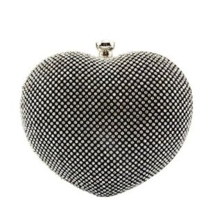 Selini Sparkling Silver Heart Rhinestone Clutch/Purse w/Silver Shoulder Chain
